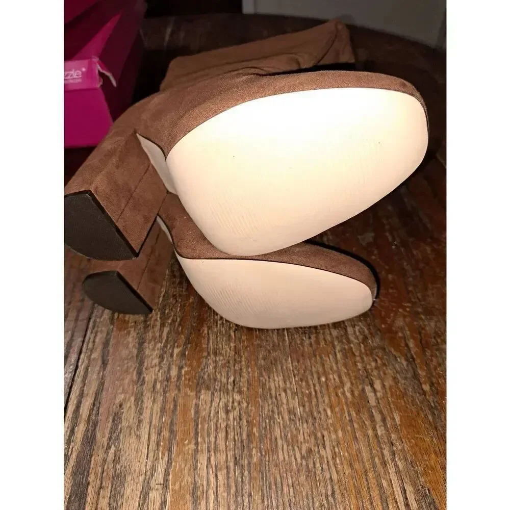 New 8.5E Wide Shoe Dazzle Brown Daisey High Block Chunky Heel Boots Over Knee